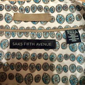 Saks Fifth Avenue Cream and Blue Patterned Cotton Fabric